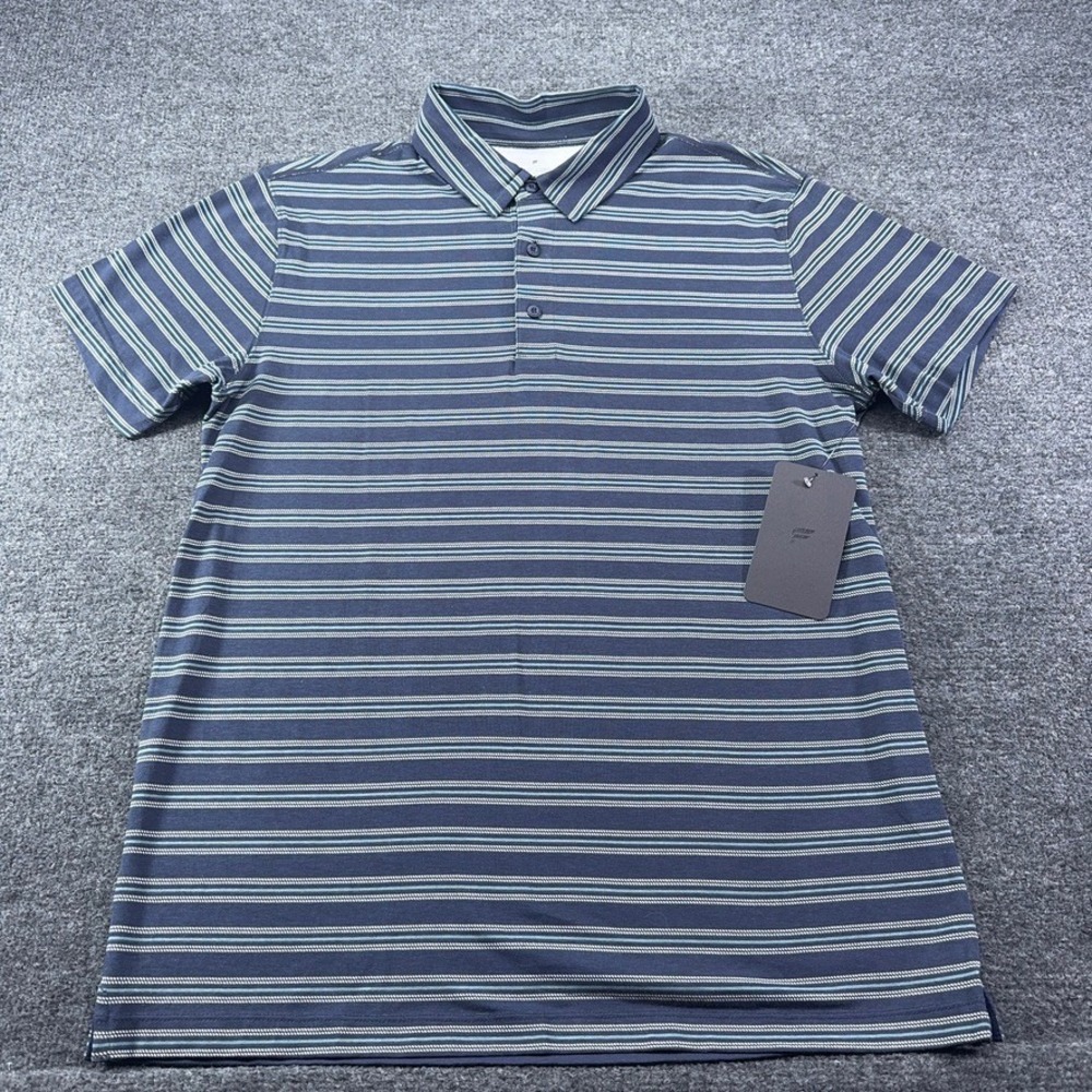 Fabletics The 24-7 Polo Mens Medium Navy Blue Teal Striped Performance Shirt NWT